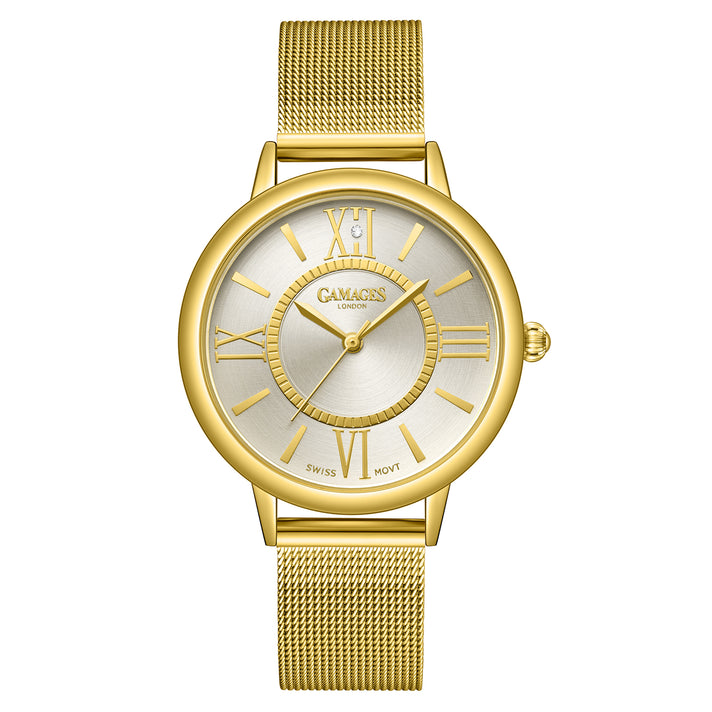Gamages Of London Ladies Baroness Swiss Quartz Movement Teal Dial Diamond Stud Water Resistant Watch with Gold Mesh Bracelet 7548376 1