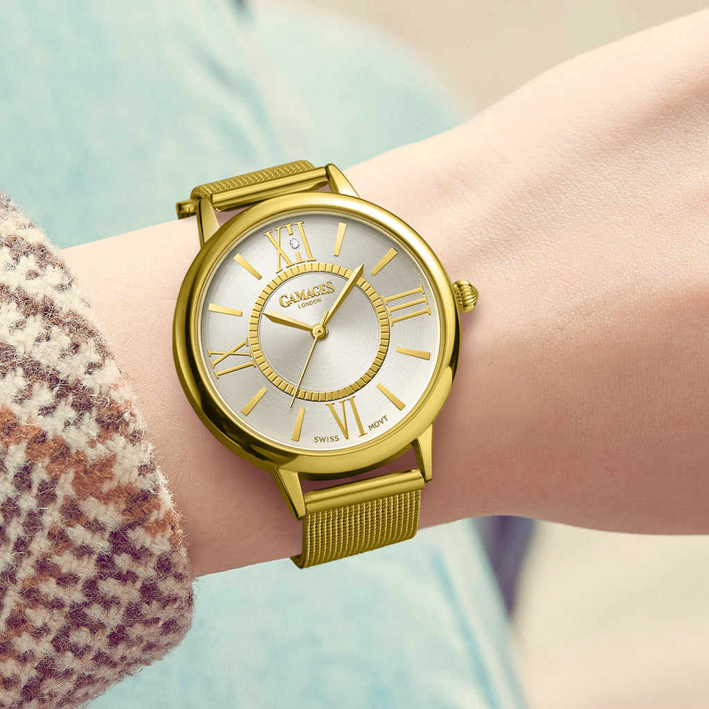 Gamages Of London Ladies Baroness Swiss Quartz Movement White Dial Diamond Stud Water Resistant Watch with Gold Mesh Bracelet_7548377_2
