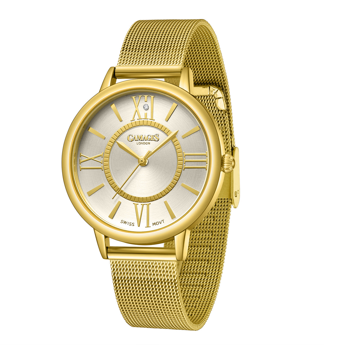 Gamages Of London Ladies Baroness Swiss Quartz Movement White Dial Diamond Stud Water Resistant Watch with Gold Mesh Bracelet V32632906 3