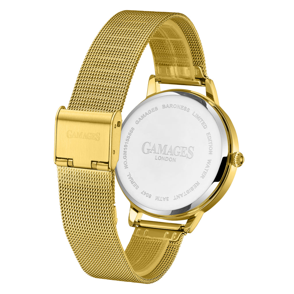 Gamages Of London Ladies Baroness Swiss Quartz Movement White Dial Diamond Stud Water Resistant Watch with Gold Mesh Bracelet_7548377_4