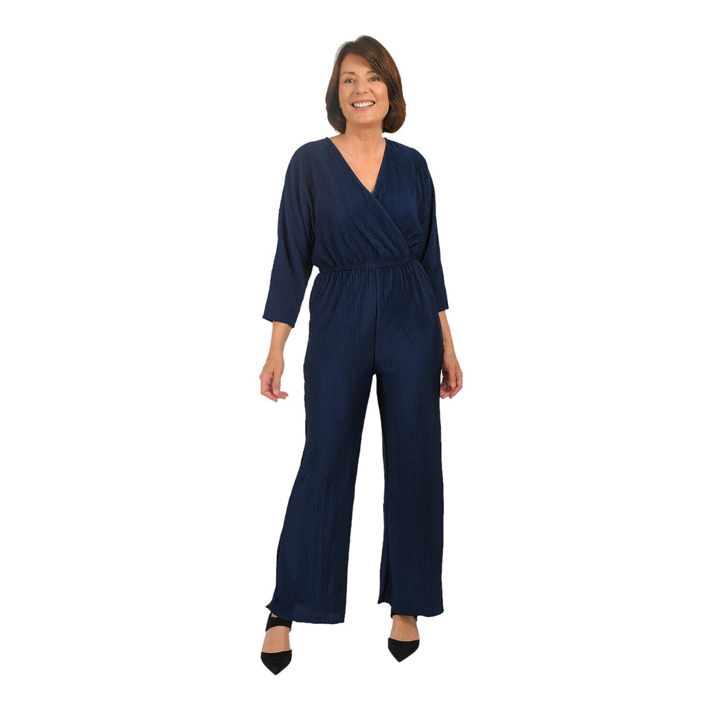 TAMSY Plisse Wrap Front Jumpsuit with Elasticated Waistband (Size-XXL) - Navy_7555309