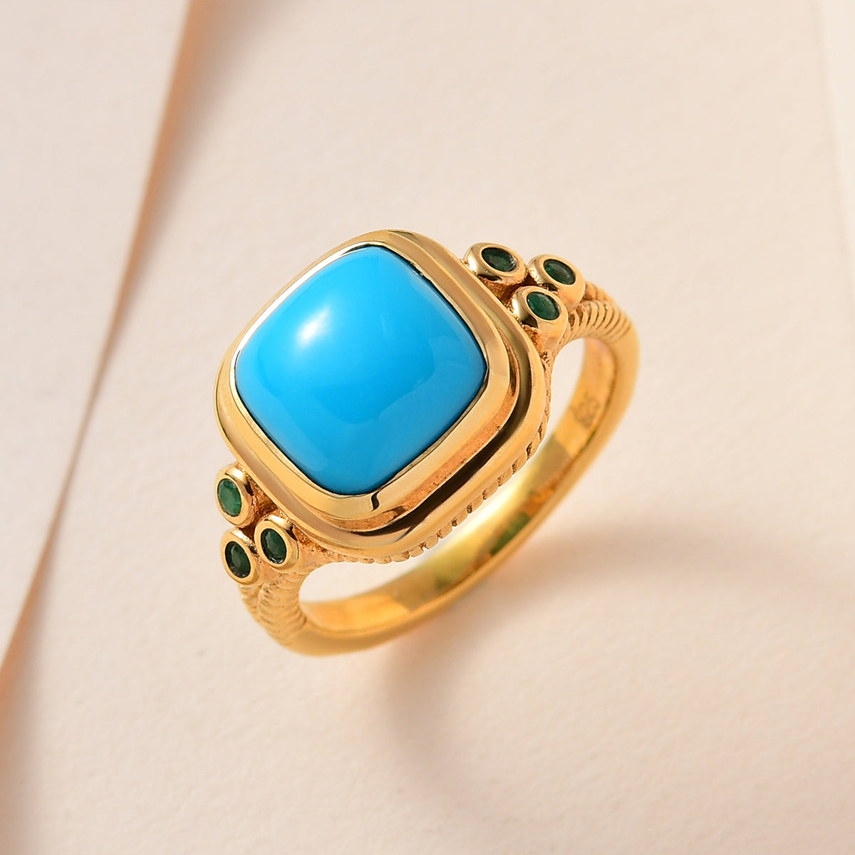 Arizona Sleeping Beauty Turquoise &amp; Zambian Emerald Ring in 18K Yellow Gold Vermeil Plated Sterling Silver 2.94 Ct. 7555817 7