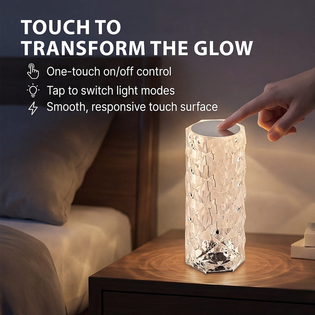USB Rechargeable, Touch Sensor Crystal Diamond Led Table Lamp - Remote Control Included