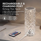 USB Rechargeable, Touch Sensor Crystal Diamond Led Table Lamp - Remote Control Included