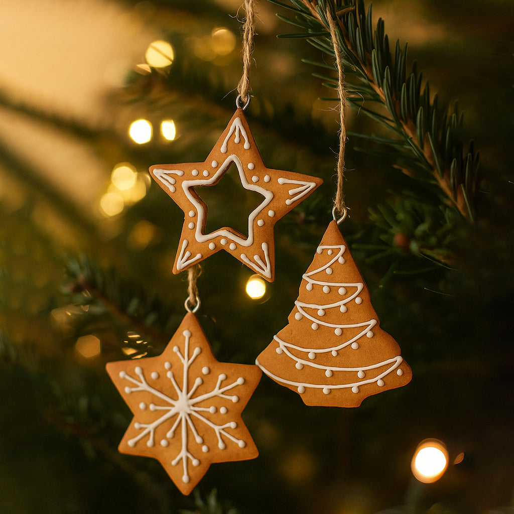 Set of 3 Hanging Gingerbread Christmas Tree Decor Ornaments - Rose Gold (Stars & Bell)_7558185_1