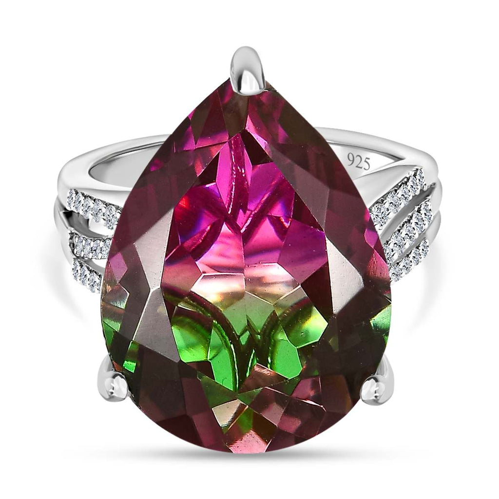 D'Joy Watermelon Colour Tourmaline Quartz & Natural Zircon Pear Cut Solitaire Ring in Platinum Overlay Sterling Silver 16.58 Ct._7564737
