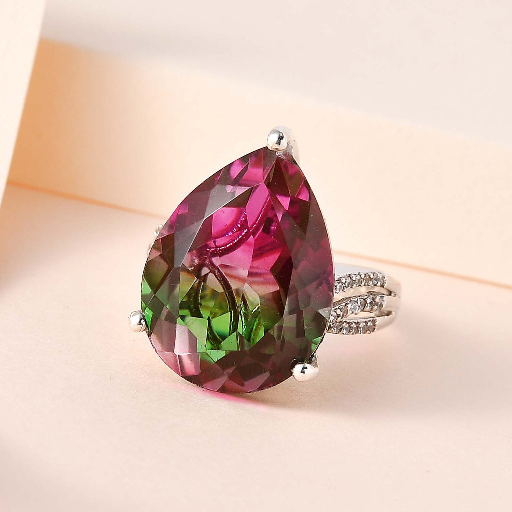 D'Joy Watermelon Colour Tourmaline Quartz & Natural Zircon Pear Cut Solitaire Ring in Platinum Overlay Sterling Silver 16.58 Ct._7564737_1