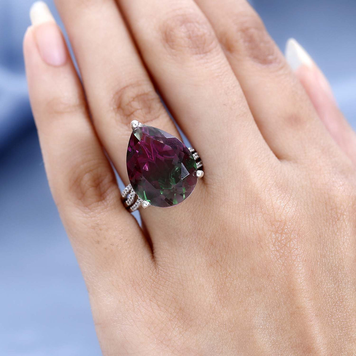 D'Joy Watermelon Colour Tourmaline Quartz &amp; Natural Zircon Pear Cut Solitaire Ring in Platinum Overlay Sterling Silver 16.58 Ct. V32514047 3