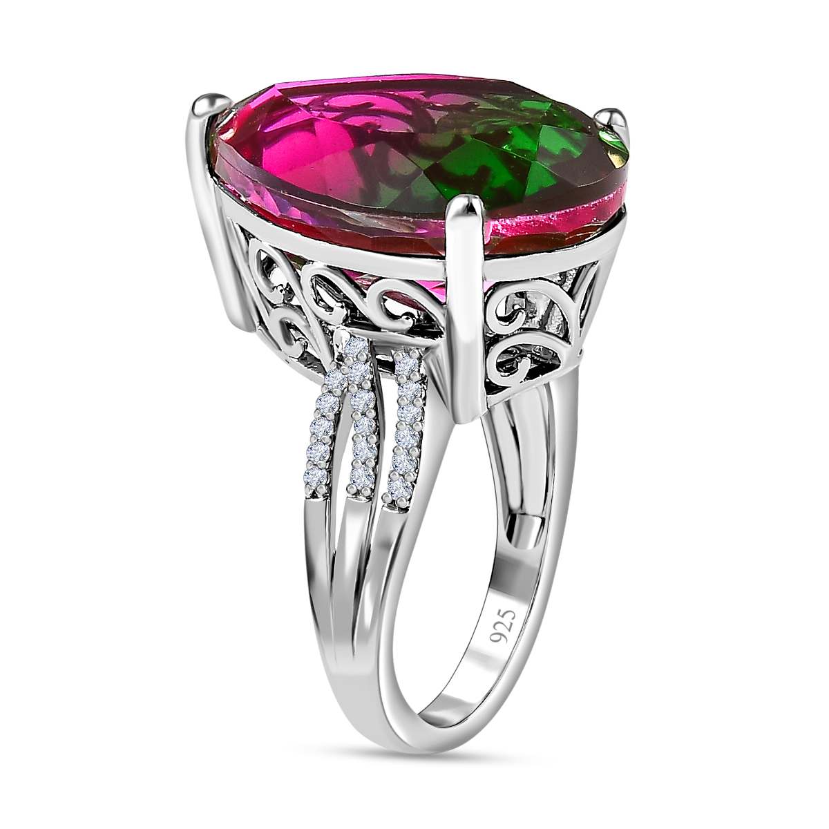 D'Joy Watermelon Colour Tourmaline Quartz &amp; Natural Zircon Pear Cut Solitaire Ring in Platinum Overlay Sterling Silver 16.58 Ct. V32514047 4