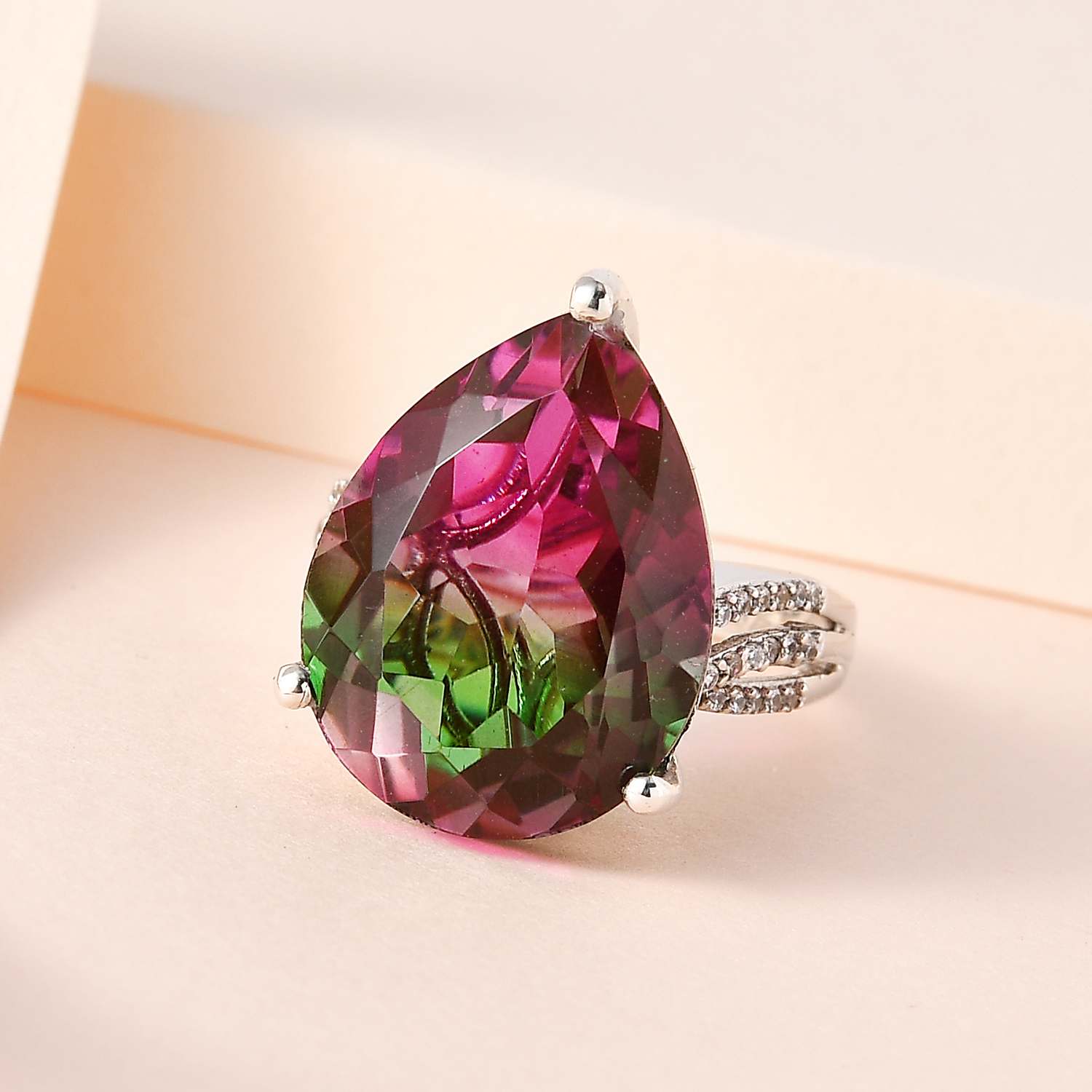 D'Joy Watermelon Colour Tourmaline Quartz &amp; Natural Zircon Pear Cut Solitaire Ring in Platinum Overlay Sterling Silver 16.58 Ct. V32534863 2
