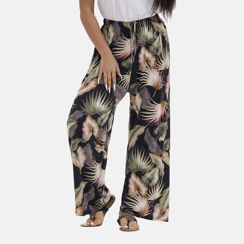 Tamsy Tropical Leaf Pattern Trousers (One Size, 8-16)  - Green_7565474_3