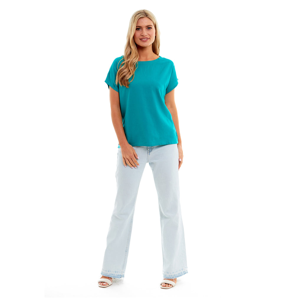Ladies Crew Neck Linen Top (Size 10) - Teal_7565996