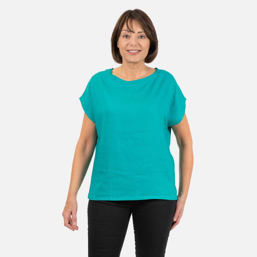 Ladies Crew Neck Linen Top (Size 10) - Teal_7565996_2