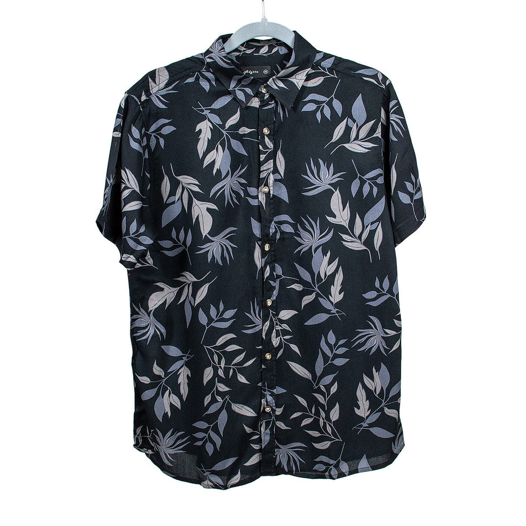 Leaf Print Half Sleeves Mens Viscose Shirt (Size S) - Black_7566248