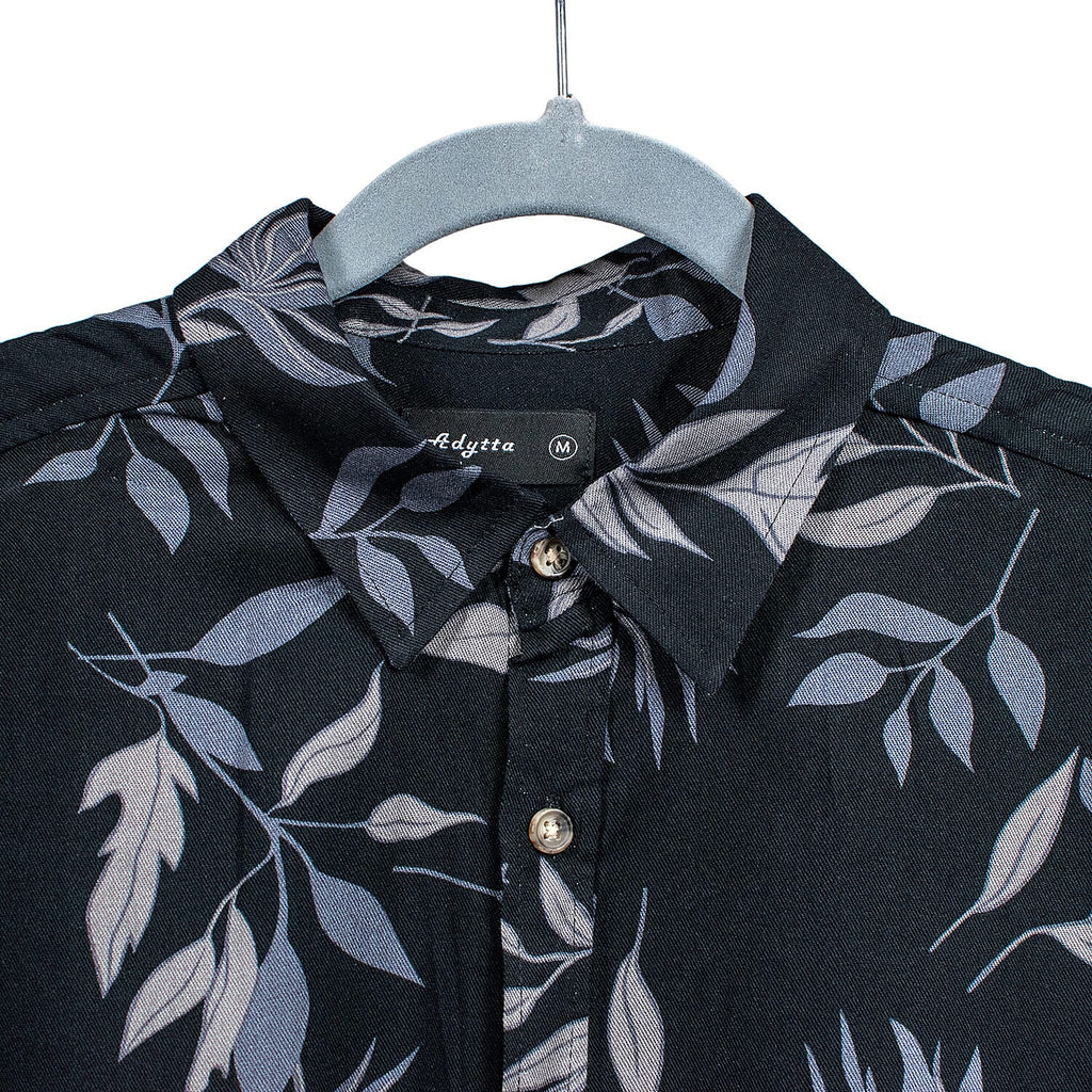 Leaf Print Half Sleeves Mens Viscose Shirt (Size S) - Black_7566248_2