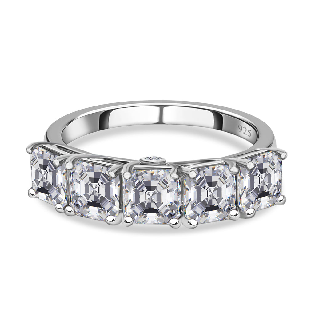 D'Joy Asscher Cut Moissanite 5 Stone Band Ring in Platinum Overlay Sterling Silver 3.38 Ct._7567594