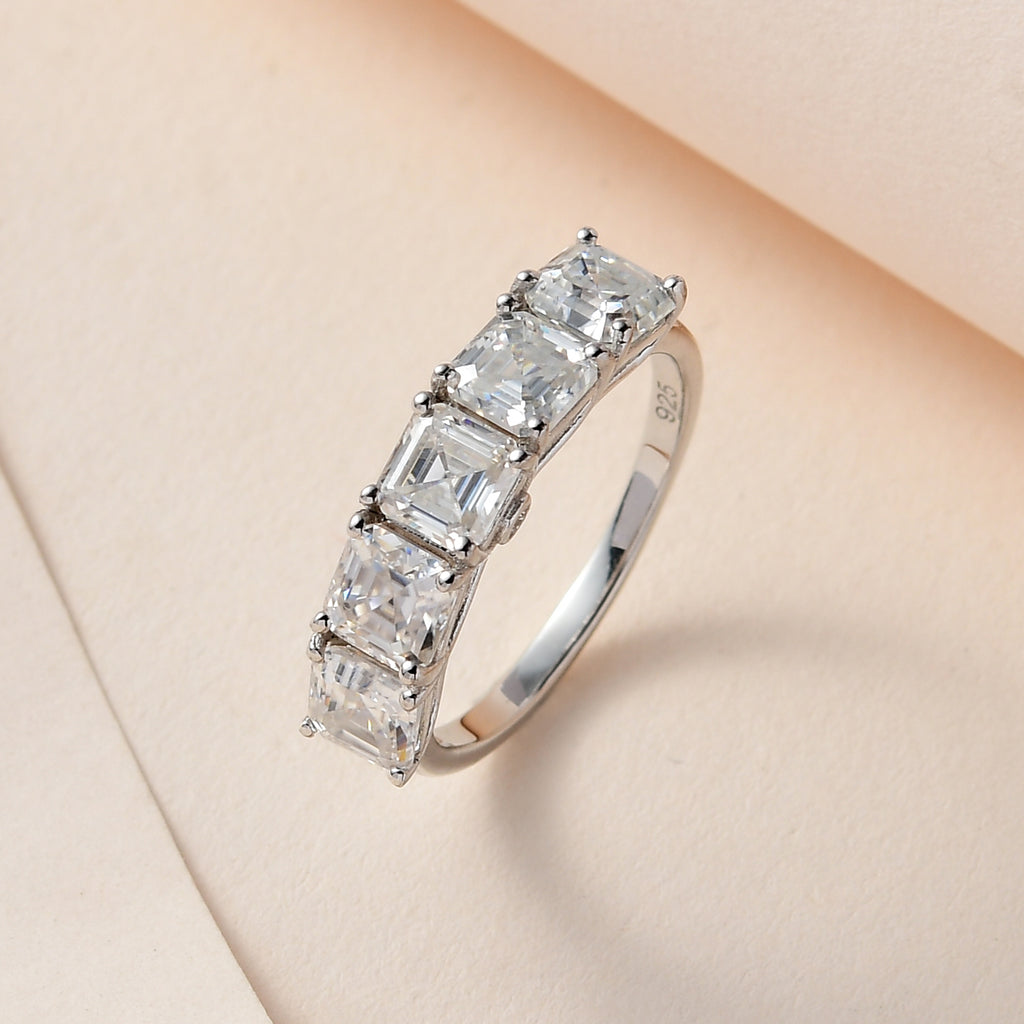 D'Joy Asscher Cut Moissanite 5 Stone Band Ring in Platinum Overlay Sterling Silver 3.38 Ct._7567594_1