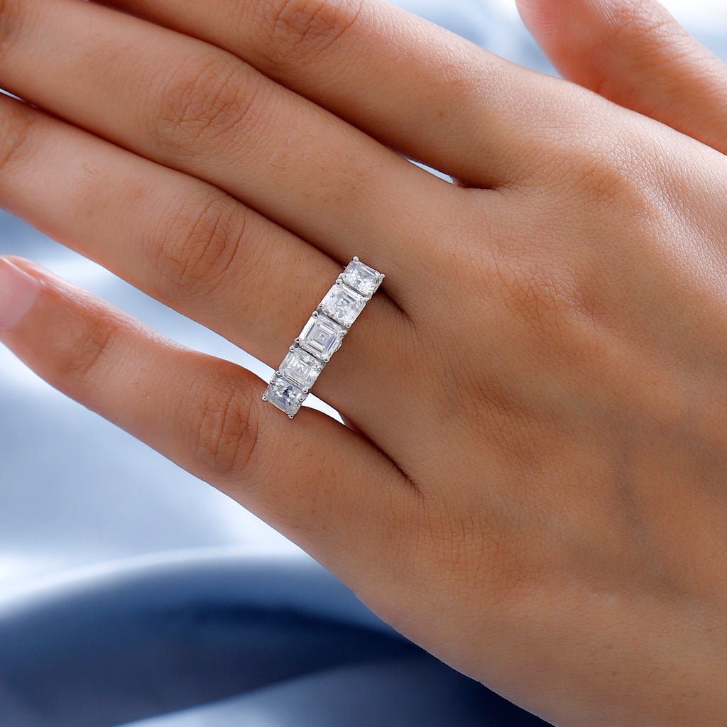 D'Joy Asscher Cut Moissanite 5 Stone Band Ring in Platinum Overlay Sterling Silver 3.38 Ct._7567594_2