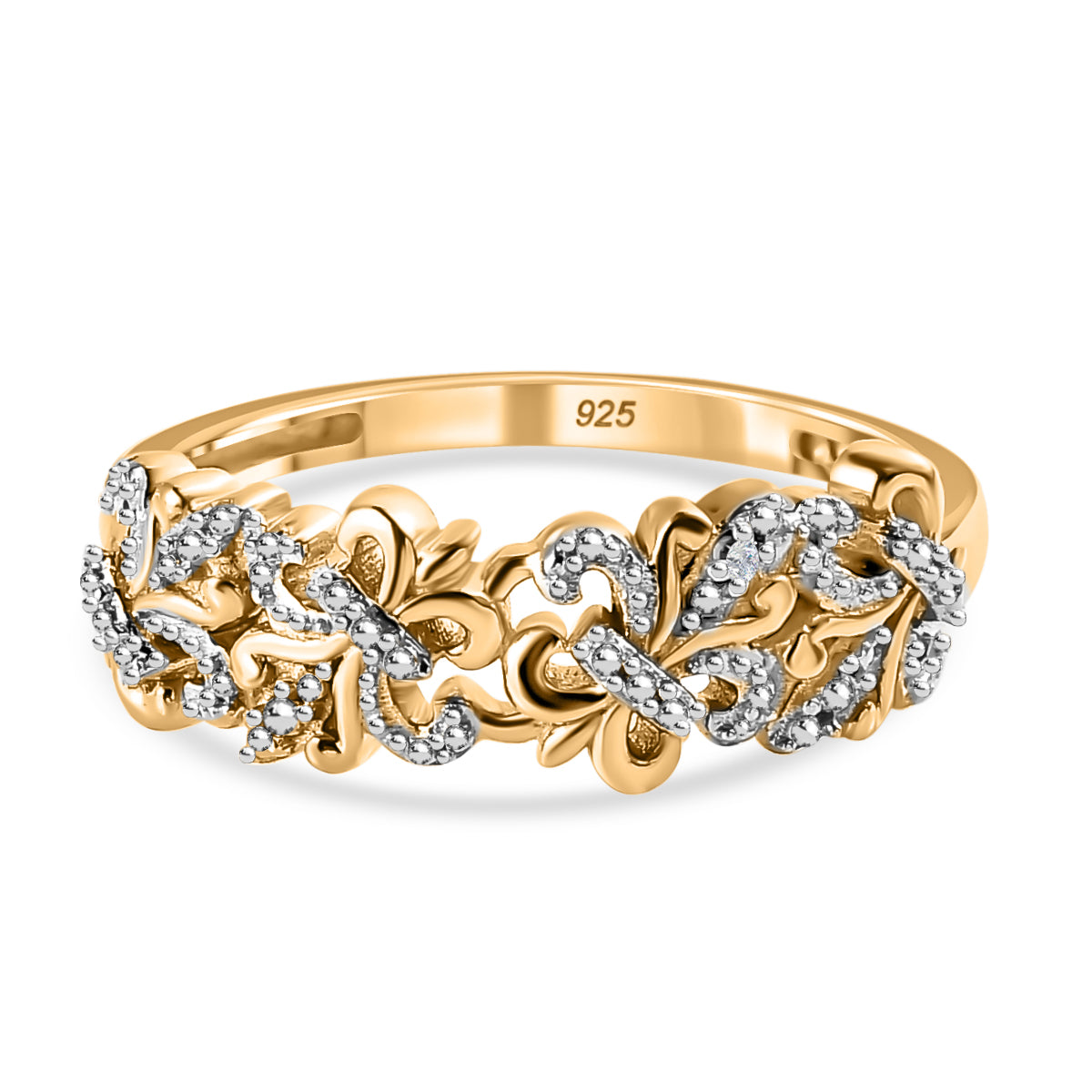 Natural White Diamond Fleur De Lis Ring in Platinum Overlay with 18K Vermeil Yellow Gold Plated Sterling Silver 7569383 7