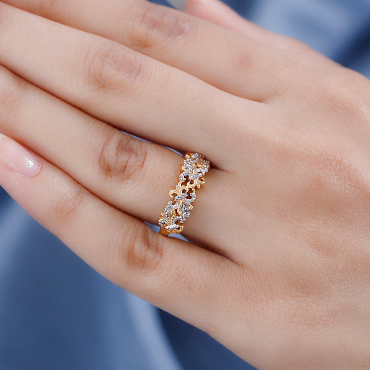 Natural White Diamond Fleur De Lis Ring in Platinum Overlay with 18K Vermeil Yellow Gold Plated Sterling Silver 7569383 9