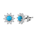Arizona Sleeping Beauty Turquoise & Natural Zircon Stud Floral Earring with Push Back in Platinum Overlay Sterling Silver 1.19 Ct.