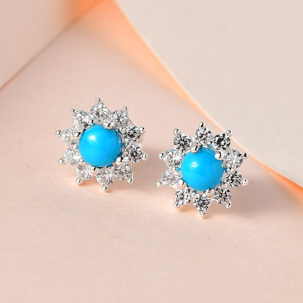 Arizona Sleeping Beauty Turquoise & Natural Zircon Stud Floral Earring with Push Back in Platinum Overlay Sterling Silver 1.19 Ct.