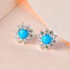 Arizona Sleeping Beauty Turquoise & Natural Zircon Stud Floral Earring with Push Back in Platinum Overlay Sterling Silver 1.19 Ct.