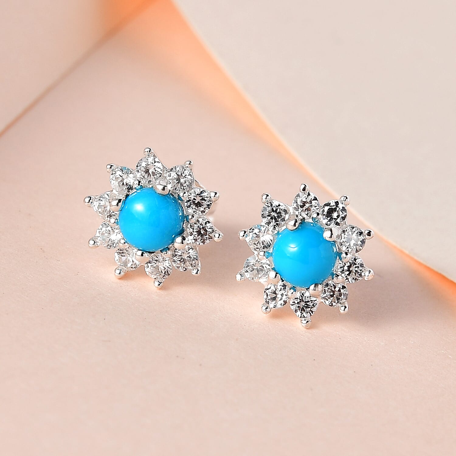 Arizona Sleeping Beauty Turquoise, Natural Zircon Halo Earring with Push Back in Platinum Overlay Sterling Silver 7571992 2
