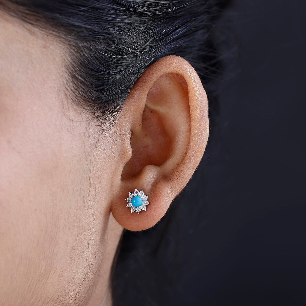 Arizona Sleeping Beauty Turquoise, Natural Zircon Halo Earring with Push Back in Platinum Overlay Sterling Silver 7571992 3