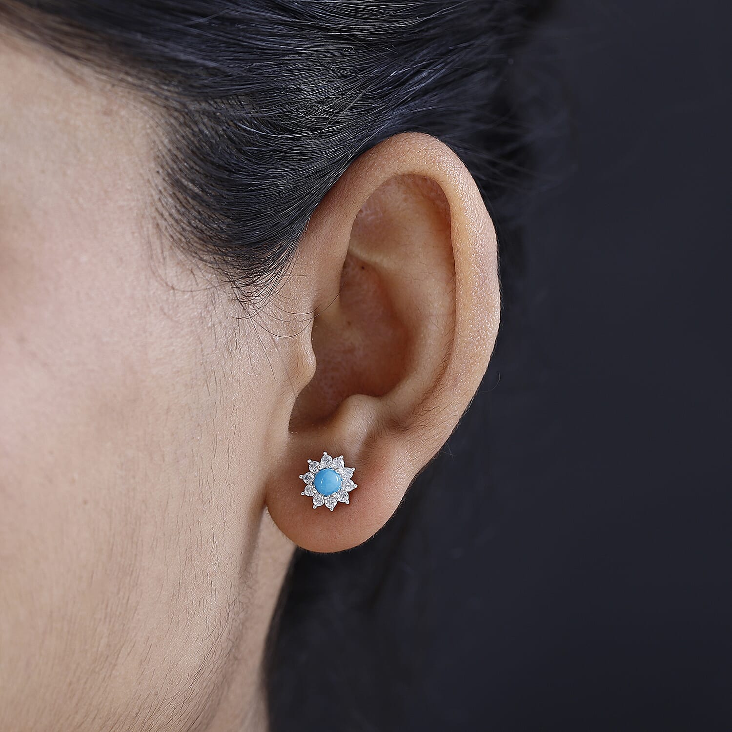 Arizona Sleeping Beauty Turquoise, Natural Zircon Halo Earring with Push Back in Platinum Overlay Sterling Silver 7571992 3