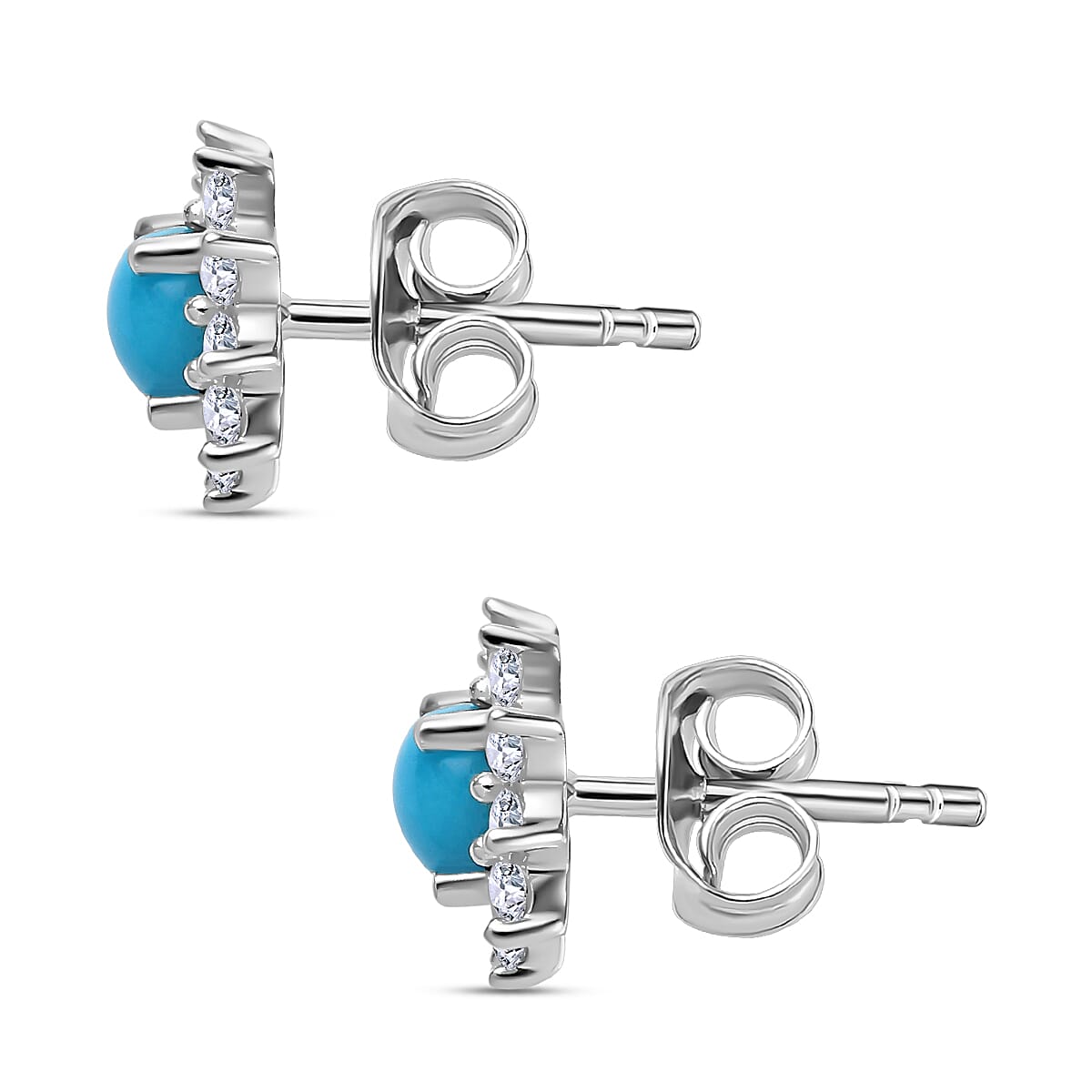 Arizona Sleeping Beauty Turquoise, Natural Zircon Halo Earring with Push Back in Platinum Overlay Sterling Silver 7571992 4