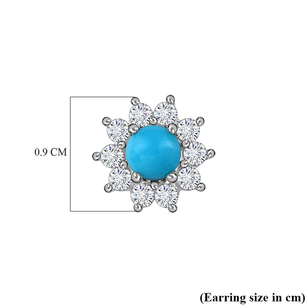 Arizona Sleeping Beauty Turquoise & Natural Zircon Stud Floral Earring with Push Back in Platinum Overlay Sterling Silver 1.19 Ct.