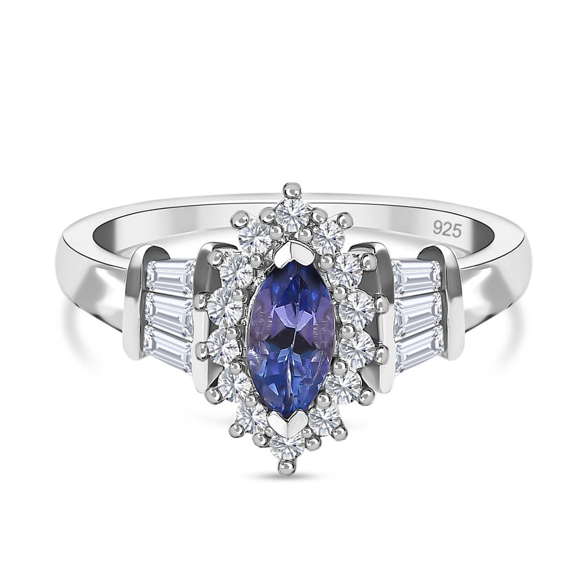 Tanzanite and Natural Zircon Halo Ring in Platinum Overlay Sterling Silver V32520405 0