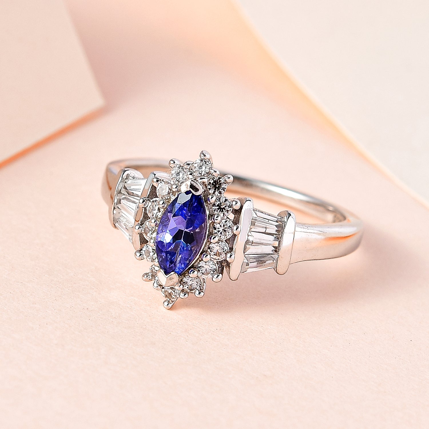 Tanzanite and Natural Zircon Halo Ring in Platinum Overlay Sterling Silver V32514240 2