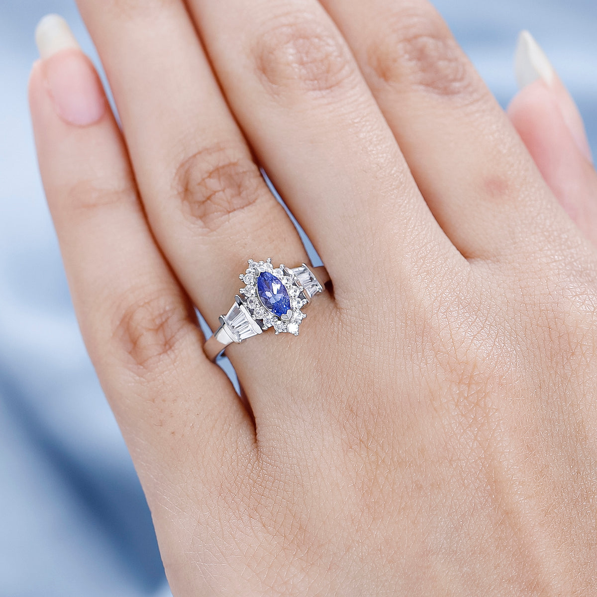 Tanzanite and Natural Zircon Halo Ring in Platinum Overlay Sterling Silver V32514240 3
