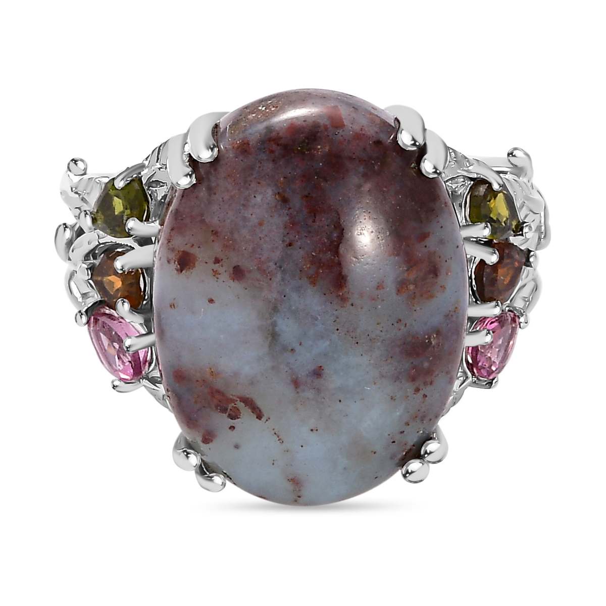 Zimbaprase &amp; Multi-Tourmaline Ring in Platinum Overlay Sterling Silver 15.21 Ct, Silver Wt. 6.72 Gms. V32535845 0