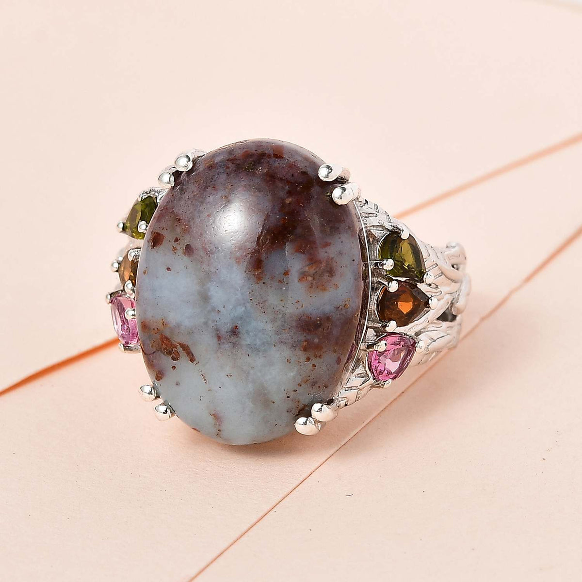 Zimbaprase &amp; Multi-Tourmaline Ring in Platinum Overlay Sterling Silver 15.21 Ct, Silver Wt. 6.72 Gms. V32535845 1