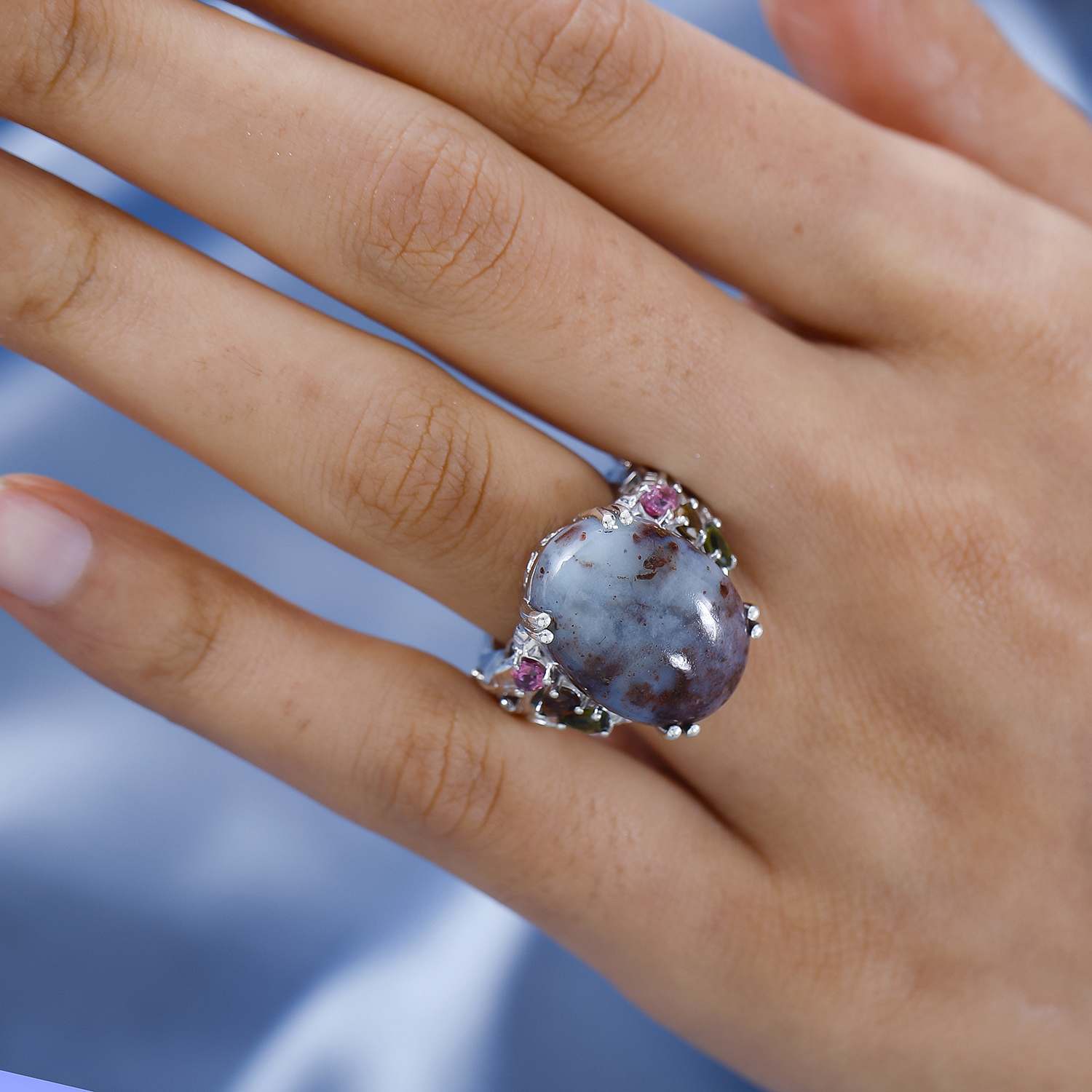 Zimbaprase &amp; Multi-Tourmaline Ring in Platinum Overlay Sterling Silver 15.21 Ct, Silver Wt. 6.72 Gms. V32535845 2