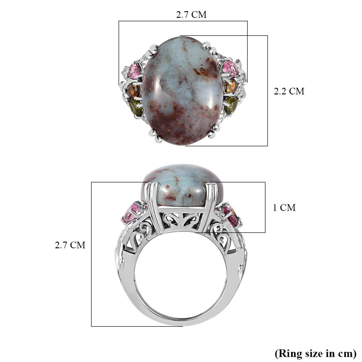 Zimbaprase &amp; Multi-Tourmaline Ring in Platinum Overlay Sterling Silver 15.21 Ct, Silver Wt. 6.72 Gms. V32535845 5