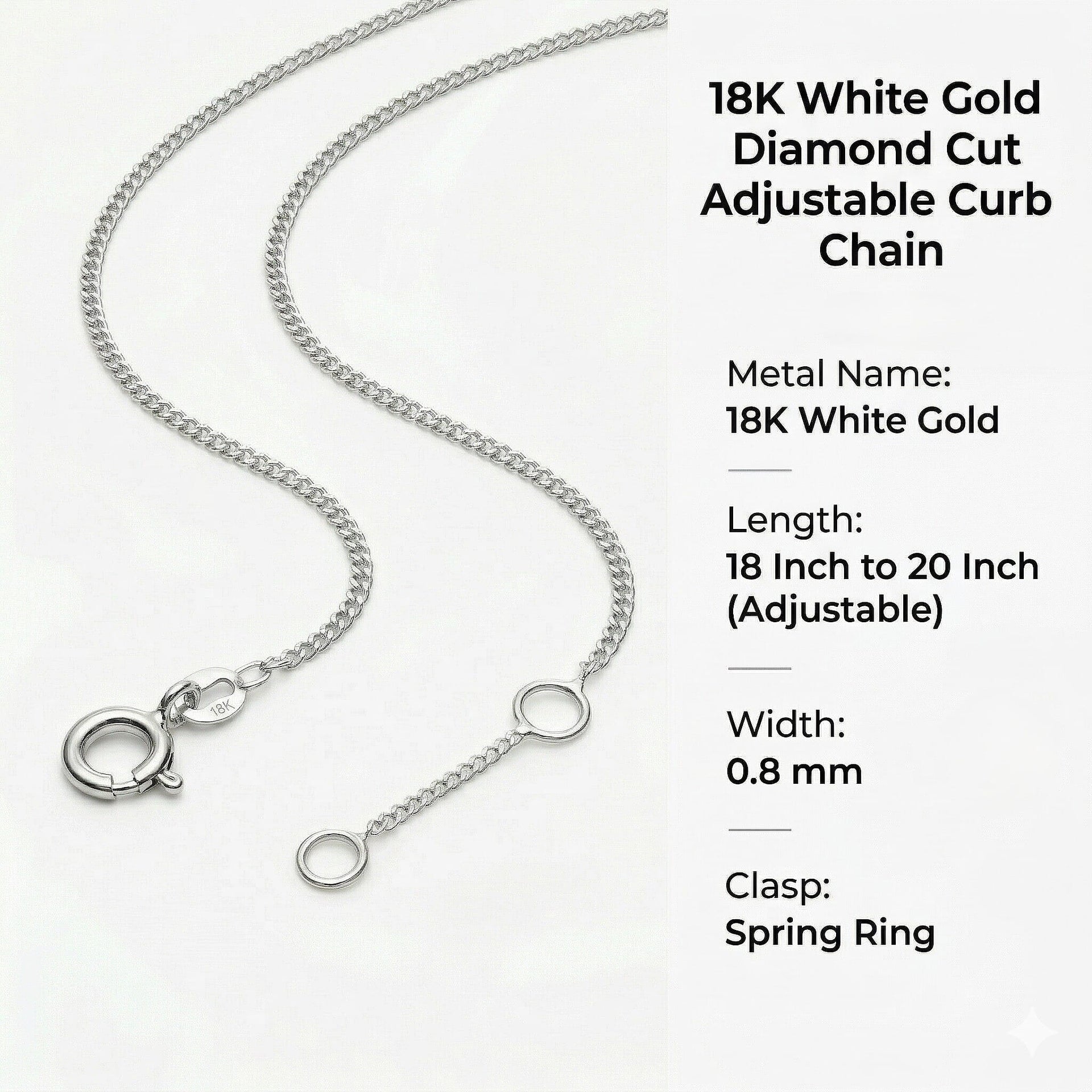 ILIANA 18K White Gold Diamond Cut Adjustable Curb Chain 18 Inch to 20 Inch 7573431 6