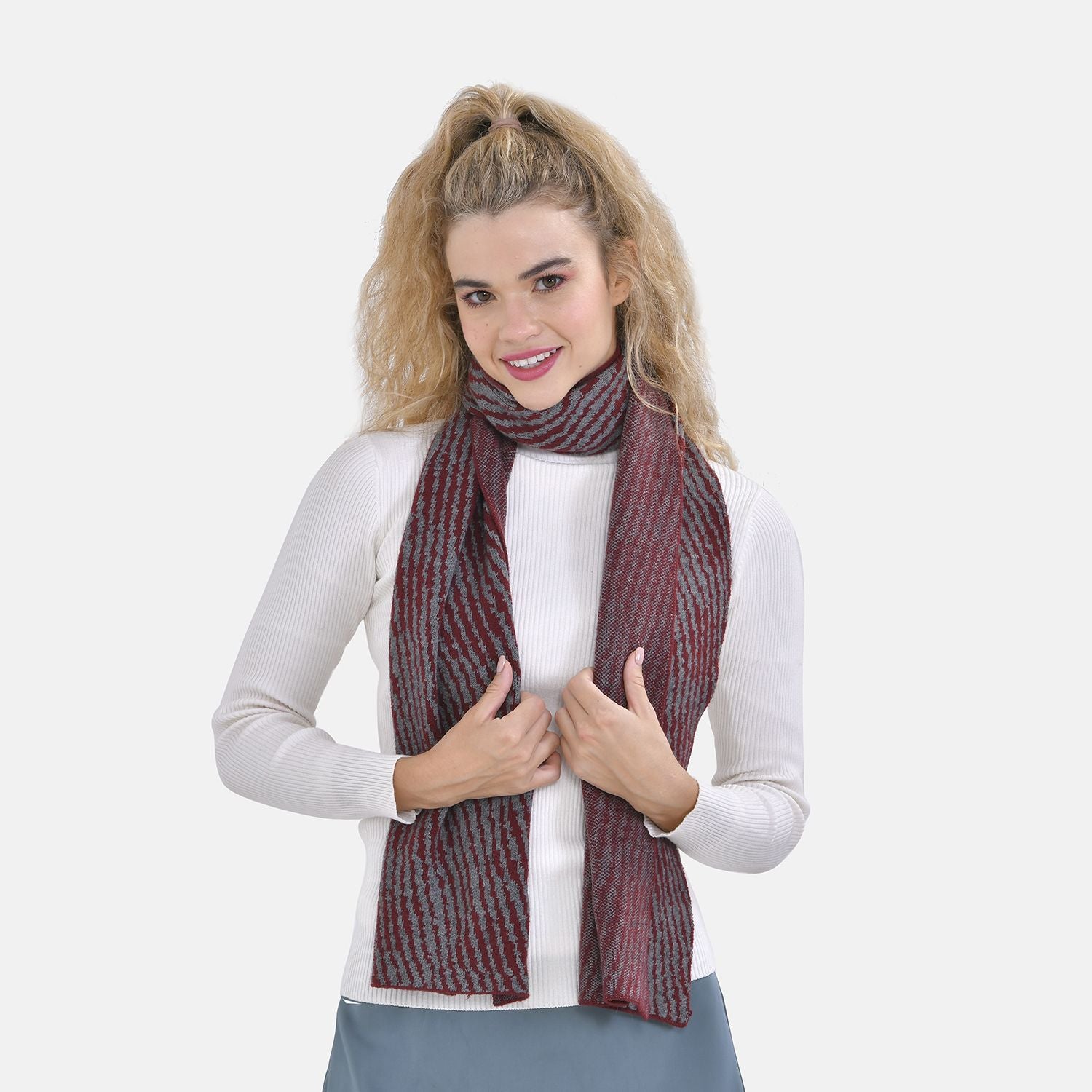 Closeout Deal - Stylish Knitted Scarf (One Size, 172x31 cm) - Burgundy &amp; Light Grey 7575557 2
