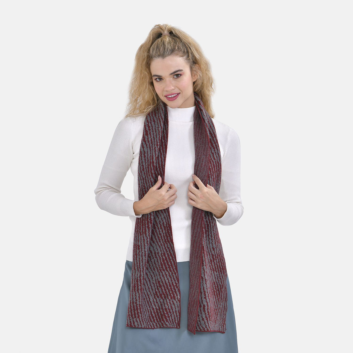 Closeout Deal - Stylish Knitted Scarf (One Size, 172x31 cm) - Burgundy &amp; Light Grey 7575557 3