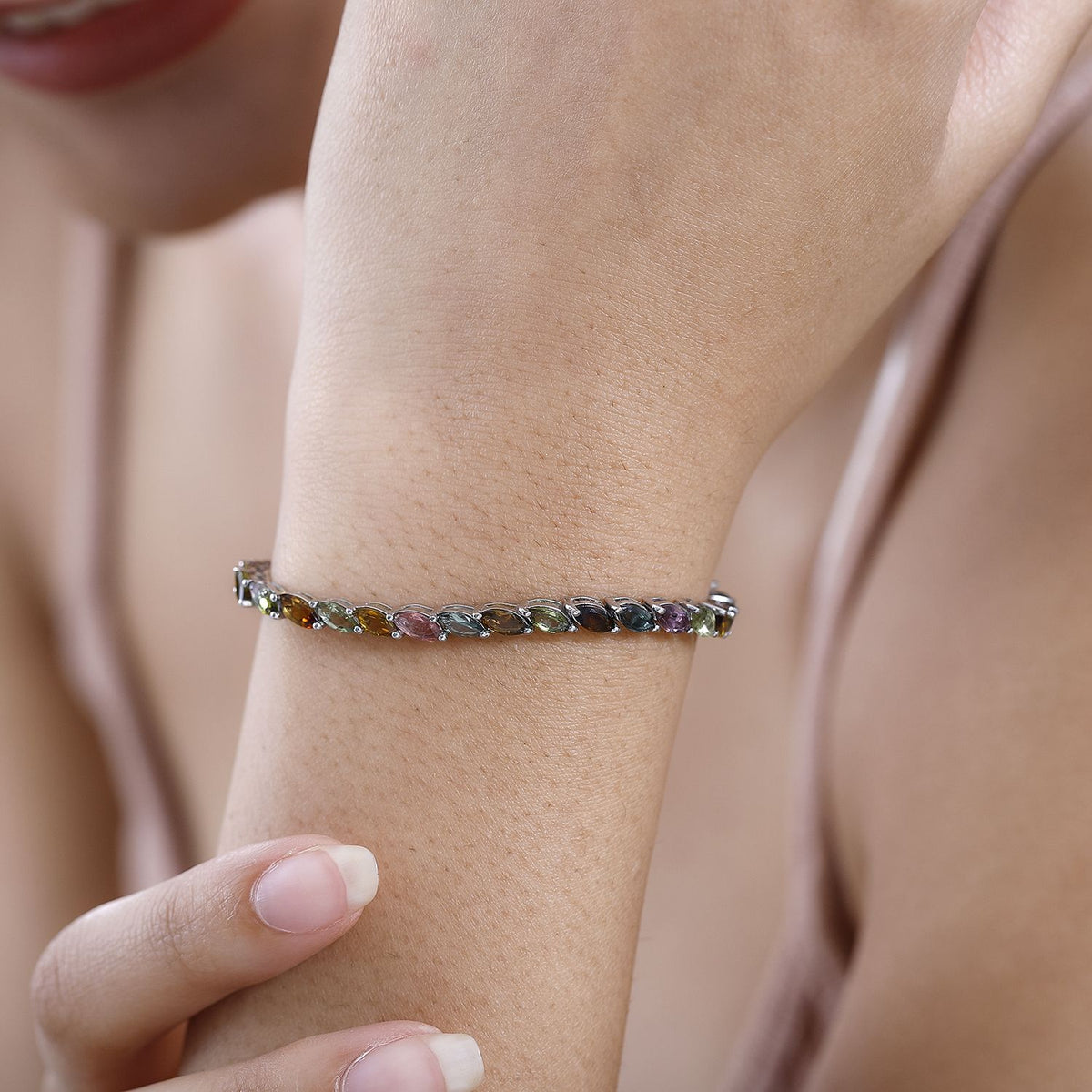 Multi-Tourmaline Linking Tennis Bracelet (Size - 8) with GB Lock Box in Platinum Overlay Sterling Silver 8.80 Ct. 7576283 3