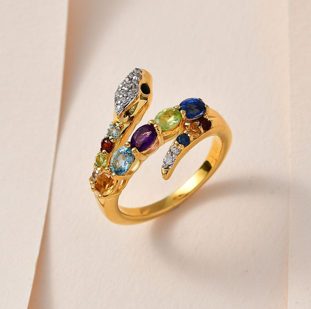 D'Joy Multi Gemstone Snake Ring in 18K Vermeil Yellow Gold Plated Sterling Silver 1.38 Ct._7581608_1