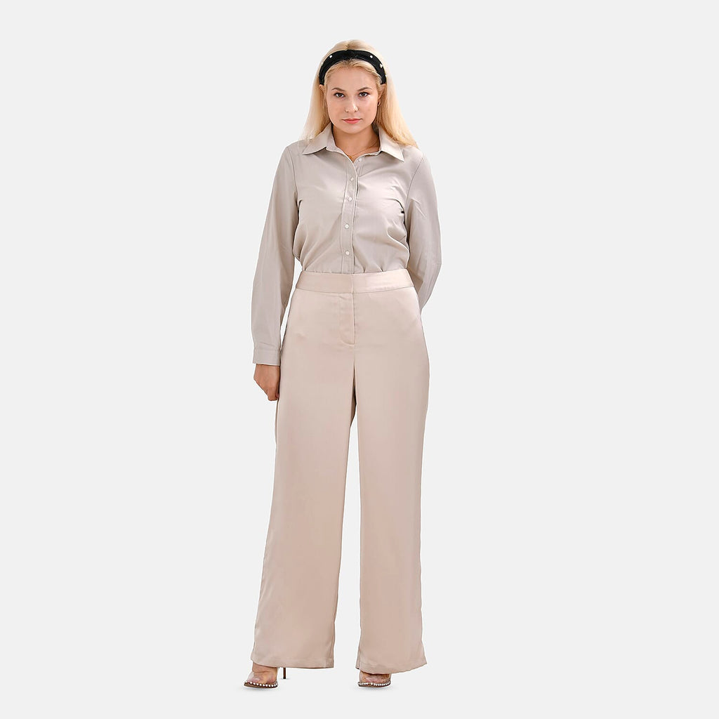 La Marey Soft Satin Wide Leg Trousers (Size 12) - Beige_7592332
