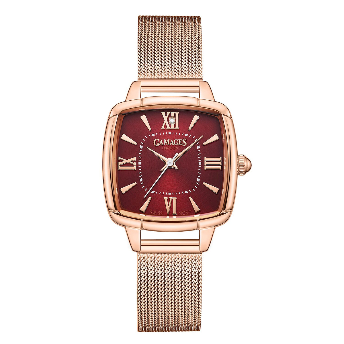 GAMAGES OF LONDON Ladies Duchess Swiss Quartz Movement Diamond Studded Red Dial Water Resistant Watch with Rose Mesh Bracelet V32537730 0