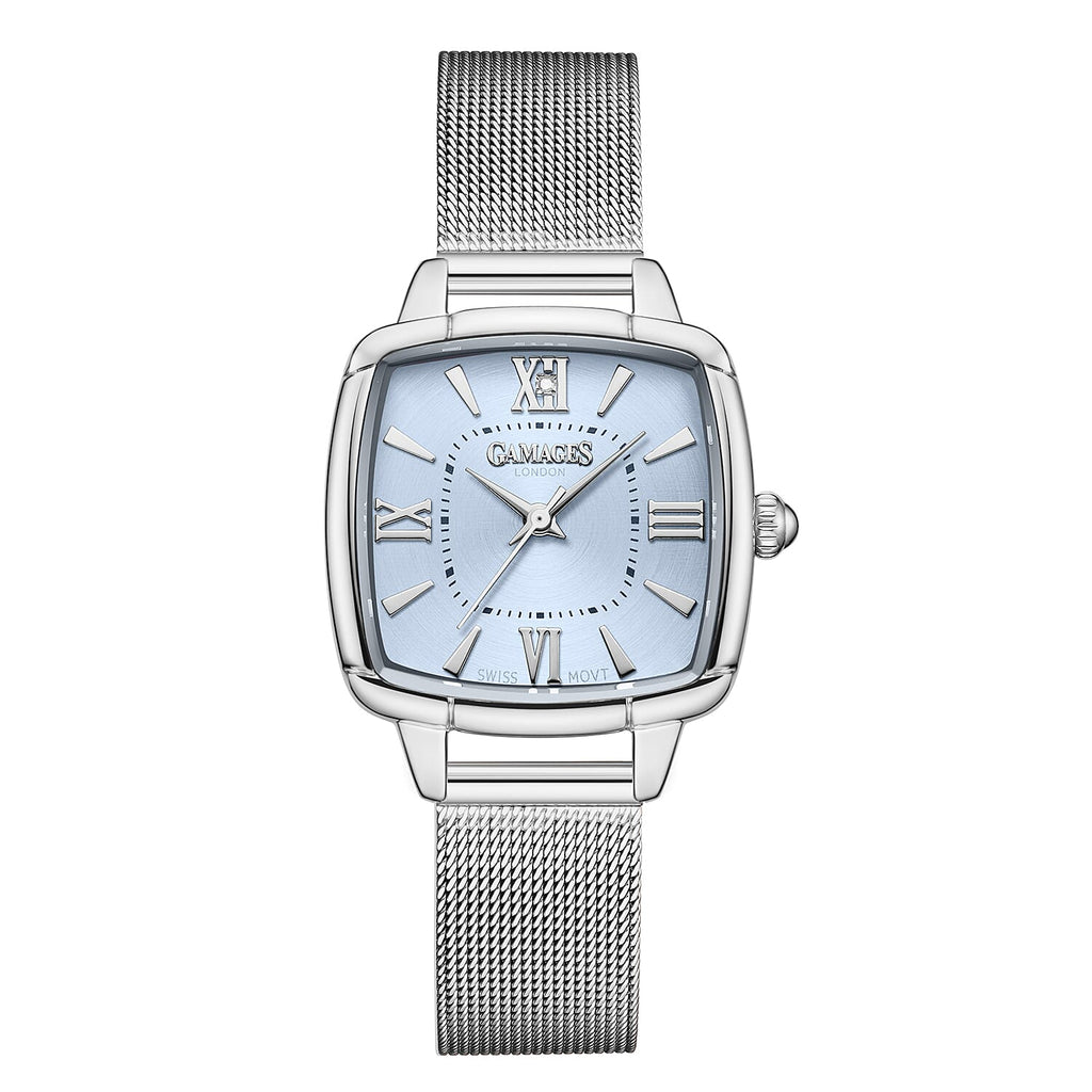 GAMAGES OF LONDON Ladies Duchess Swiss Quartz Movement Diamond Studded Light Blue Dial Water Resistant Watch with Silver Mesh Bracelet_7595081