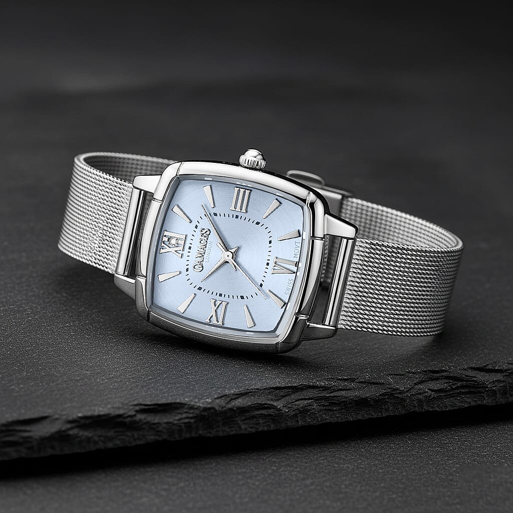 GAMAGES OF LONDON Ladies Duchess Swiss Quartz Movement Diamond Studded Light Blue Dial Water Resistant Watch with Silver Mesh Bracelet_7595081_1