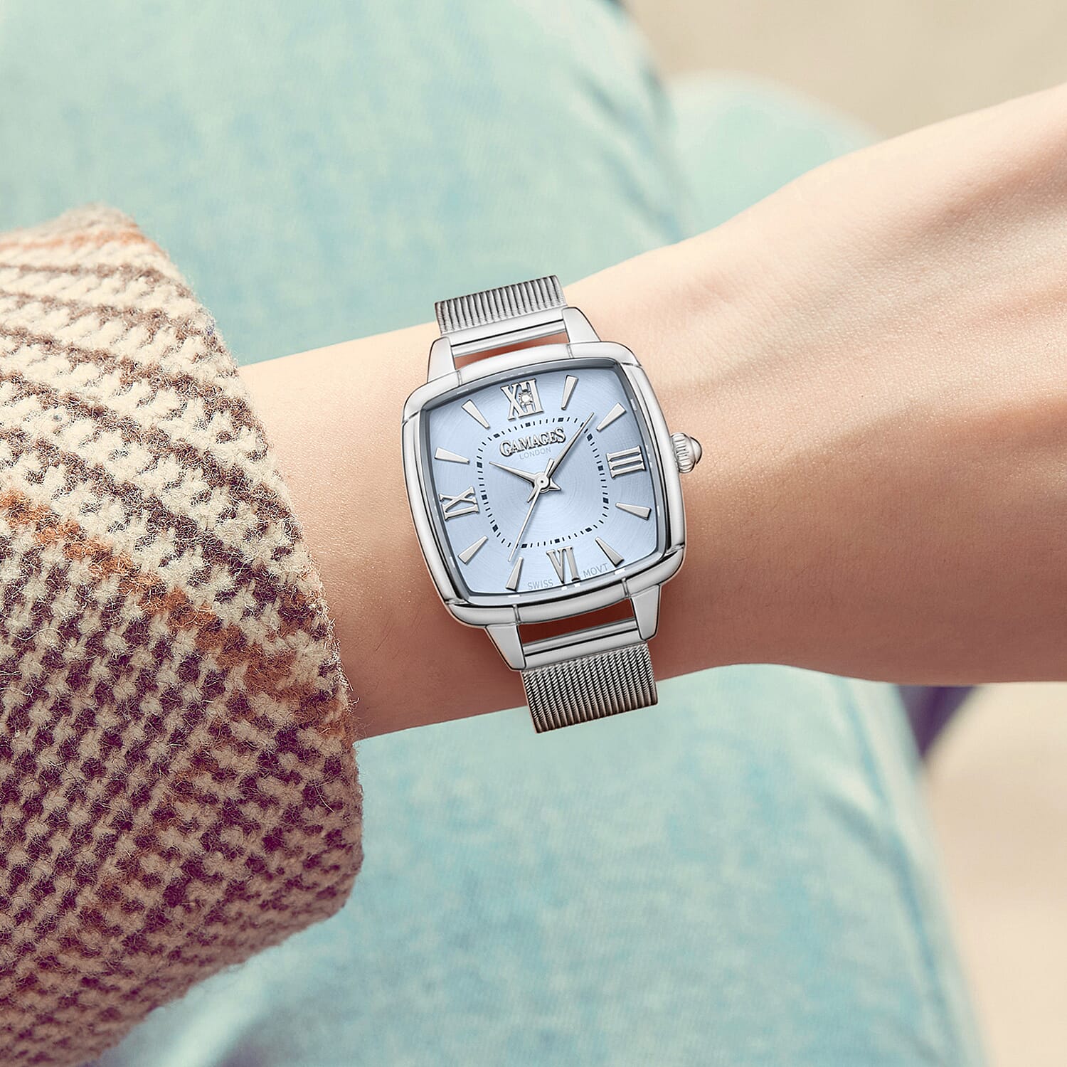 GAMAGES OF LONDON Ladies Duchess Swiss Quartz Movement Diamond Studded Light Blue Dial Water Resistant Watch with Silver Mesh Bracelet V32515557 2
