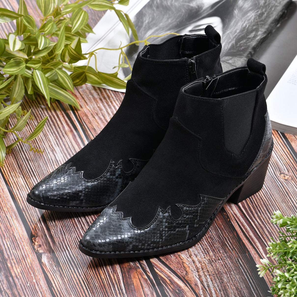 Snake Print Ankle Boots with Side Zipper - Black and Grey V32353418 3